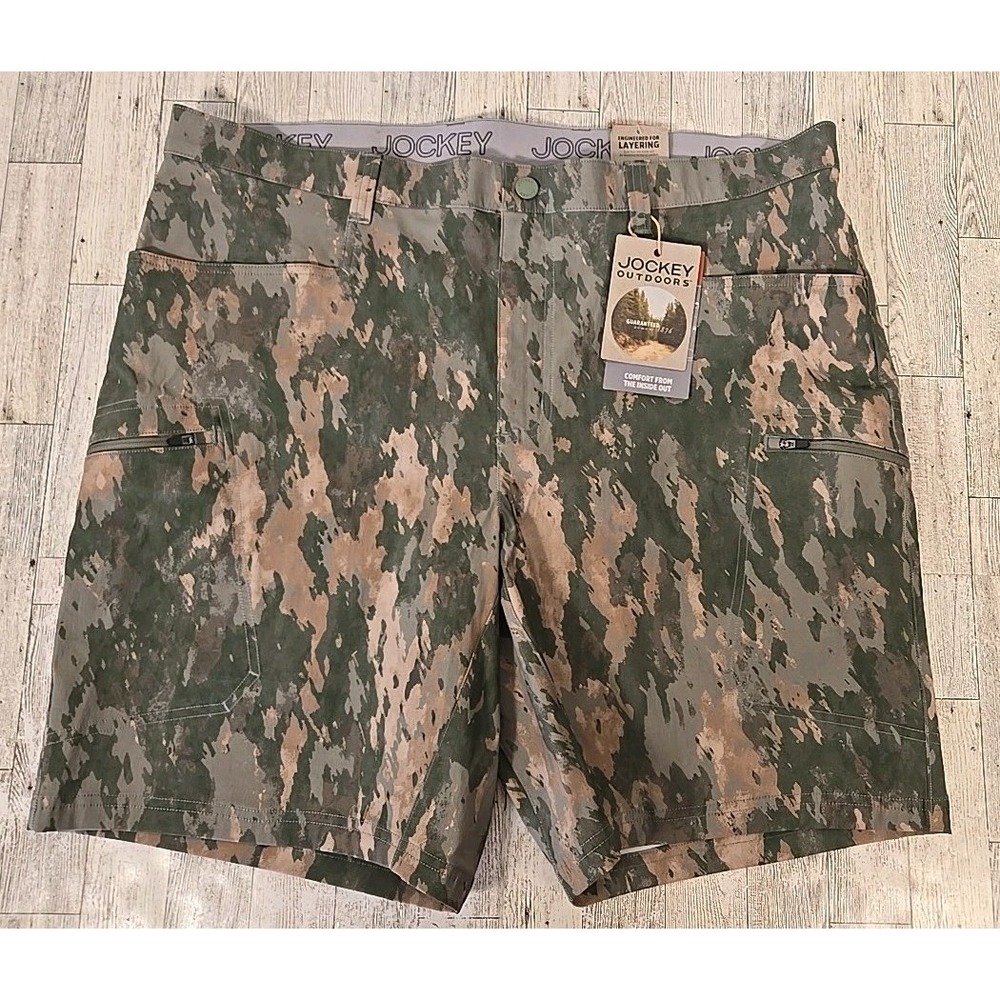 Jockey Mens Utility Shorts 40 Camo Green Turbodry Waistband Key Bungee NEW